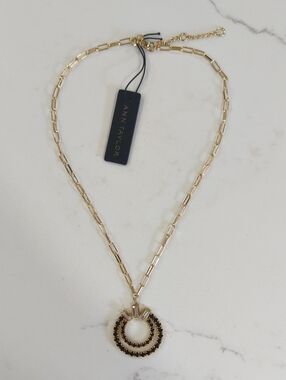 Ann Taylor Gold Necklace with Clear and Black Crystal Double Circle Pendant